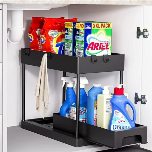 2 Tier Under-Sink Drawer, Black Under Sliding Cabinet Basket Organizer - Picture 1 of 6